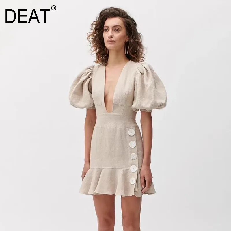 

DEAT 2020 New Spring Fashion Women V-neck Solid Color Short Puff Sleeve Dress Vintage Loose Slim Pack Hip Fishtail Dress PD125