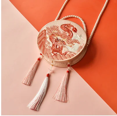 Angelatracy Hanfu Chinese Tiger Dragon Embroidery Tassel Rabbit Sheep Snake Horse Mouse Cow Monkey Pig Shoulder Circular Bags
