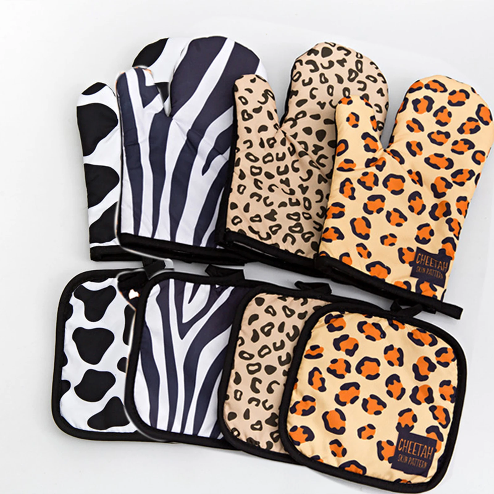 Juego de manoplas y soportes para horno, estampado de cebra, leopardo, leche, cocina resistente al calor, resistente al agua para cocinar hornear barbacoa