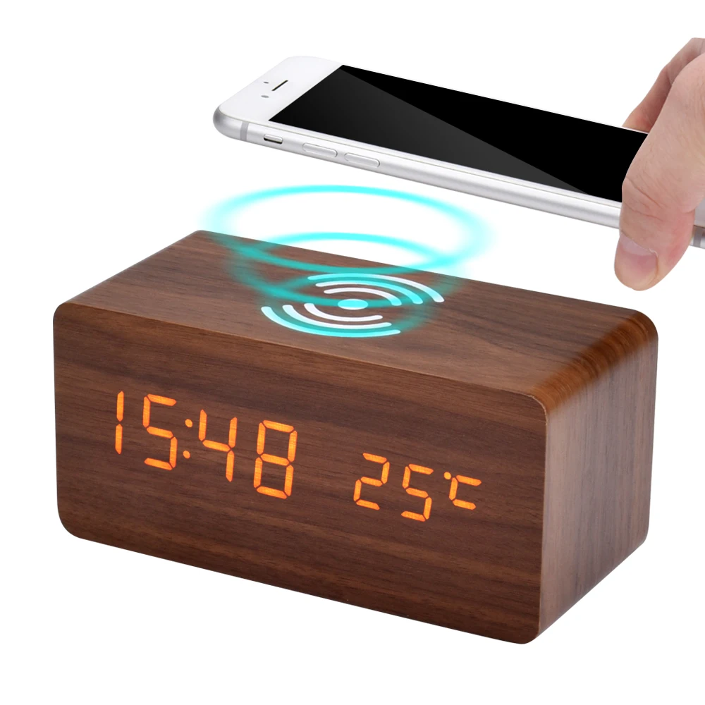 

Desktop Digital Clock Led Alarm Clock with Phone Wireless Charger Sound Control Wooden Led Clock with Thermometer for Bedroom