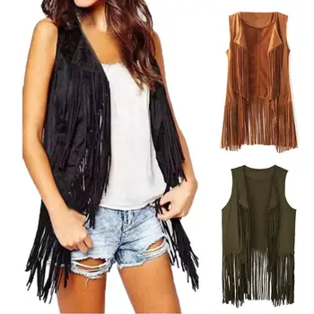

Chic Women Sleeveless Solid Color Faux Suede Tassels Vest Waistcoat Thin Coat