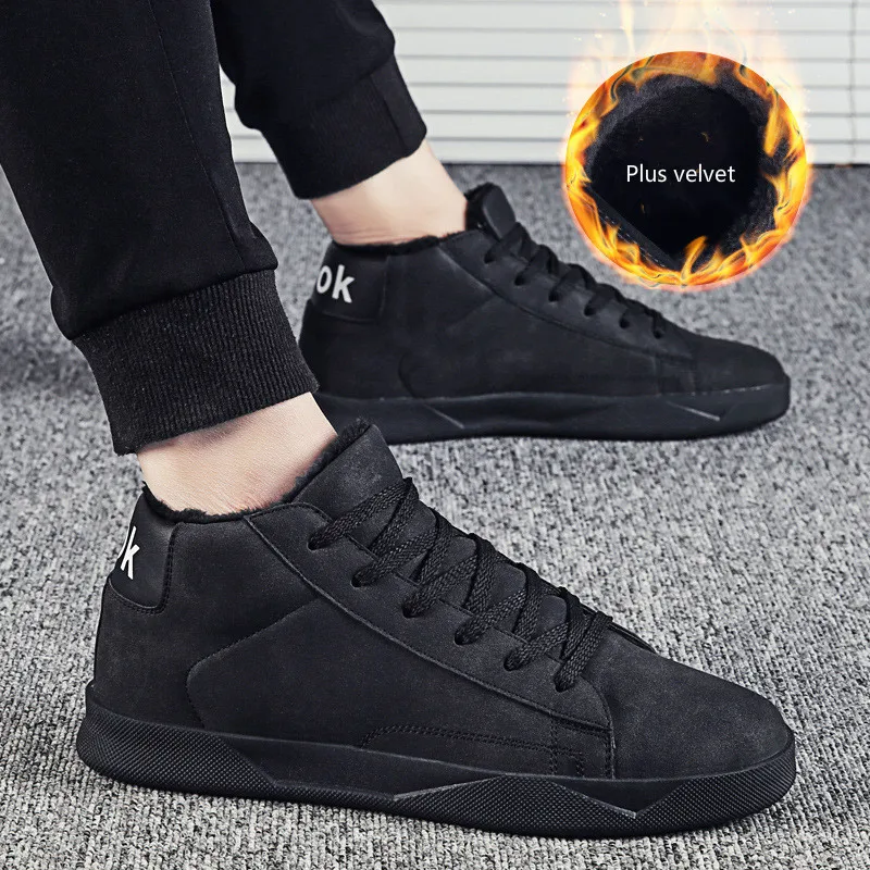 New high quality men's casual shoes fashion flat shoes walking shoes trend men's lazy shoes plus velvet warm sports men's shoes - Цвет: Black plus velvet