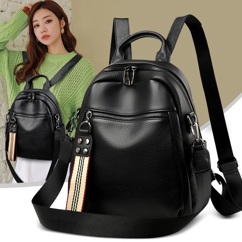 

Zipper Genuine Cow Leather Women Backpack Big Multifunctional Lady Travel Shoulder Back Pack Rivet Girls Backbag Mujer Mochila