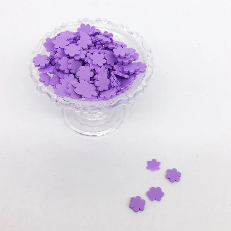 purple 50 г цветы Полимерная глина разбрызгивает для слизи DIY Красочные пластиковые Klei Крошечные Цветочные частицы грязи Fimo сливы ломтики 5 мм - Цвет: purple