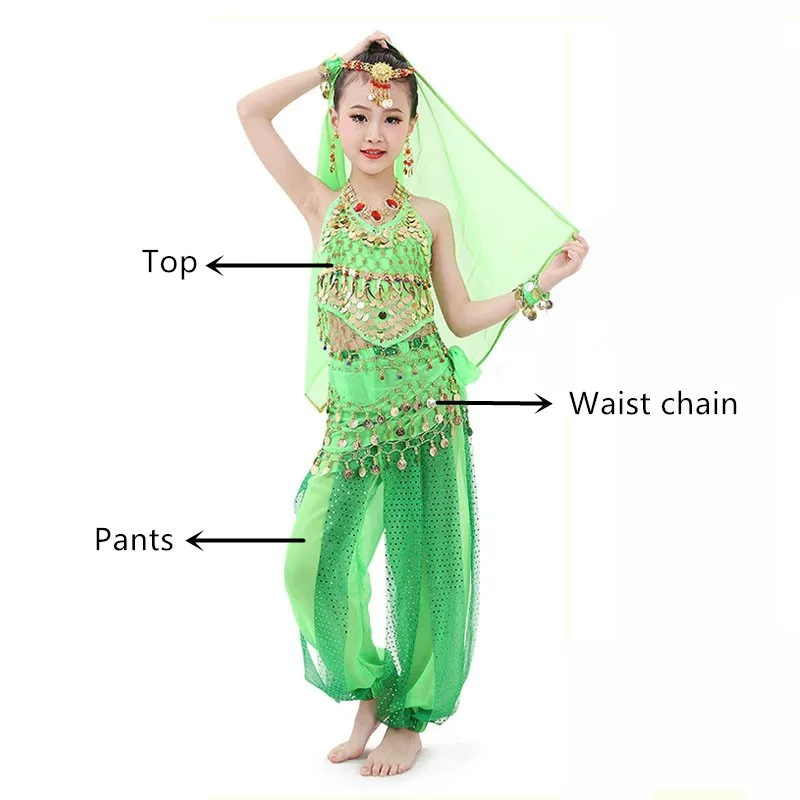 Детский набор костюма для танца живота Восточный танец Индийский танец Дети танец живота костюм Болливуд представление одежда сцена - Цвет: Green 3 pcs