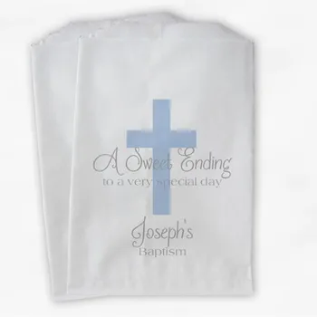 

Custom First Communion Favor Bags - Baptism or Religious Party Favor Bags - Baby Blue and Gray Paper Treat Bags
