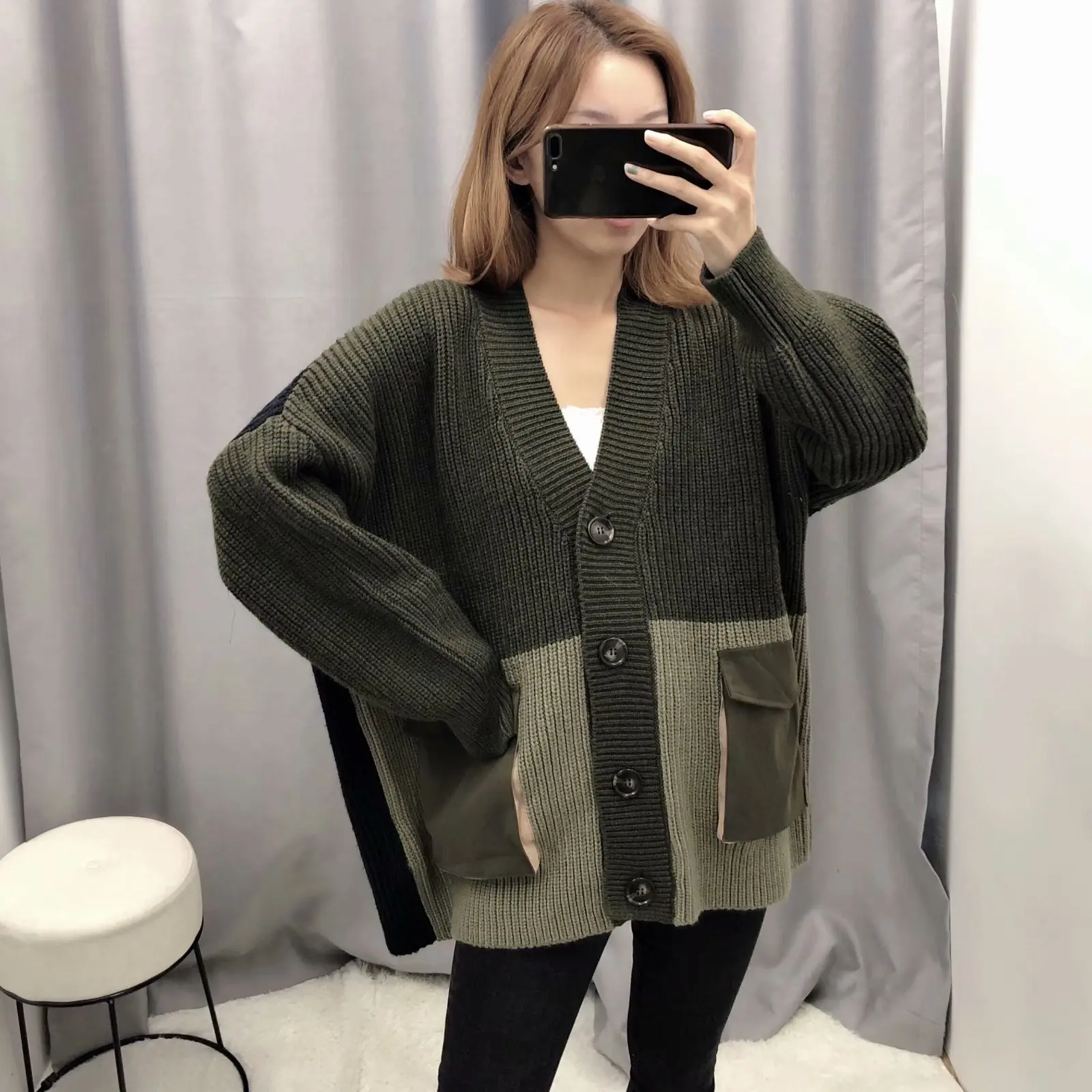 

Europe And America Non-mainstream Loose-Fit Laziness Tuyere Pocket Decoration Mixed Colors Sweater Cardigan Women's 2020 Spring