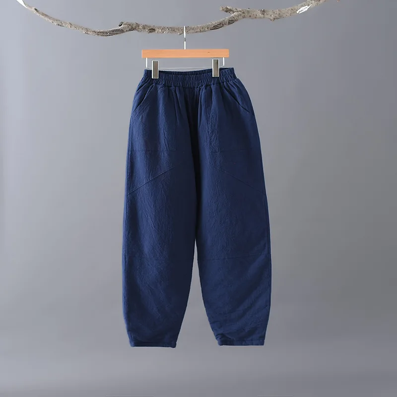 Women Autumn Winter Patchwork Elastic Waist Pants Ladies Vintage Spliced Retro Pants Female Cotton Linen Trousers