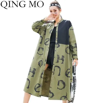 

QING MO Green Khaki Women Spring Blouse 2020 Women Letter Printed Blouse Female Plus Size Loose Blouse ZQY3509