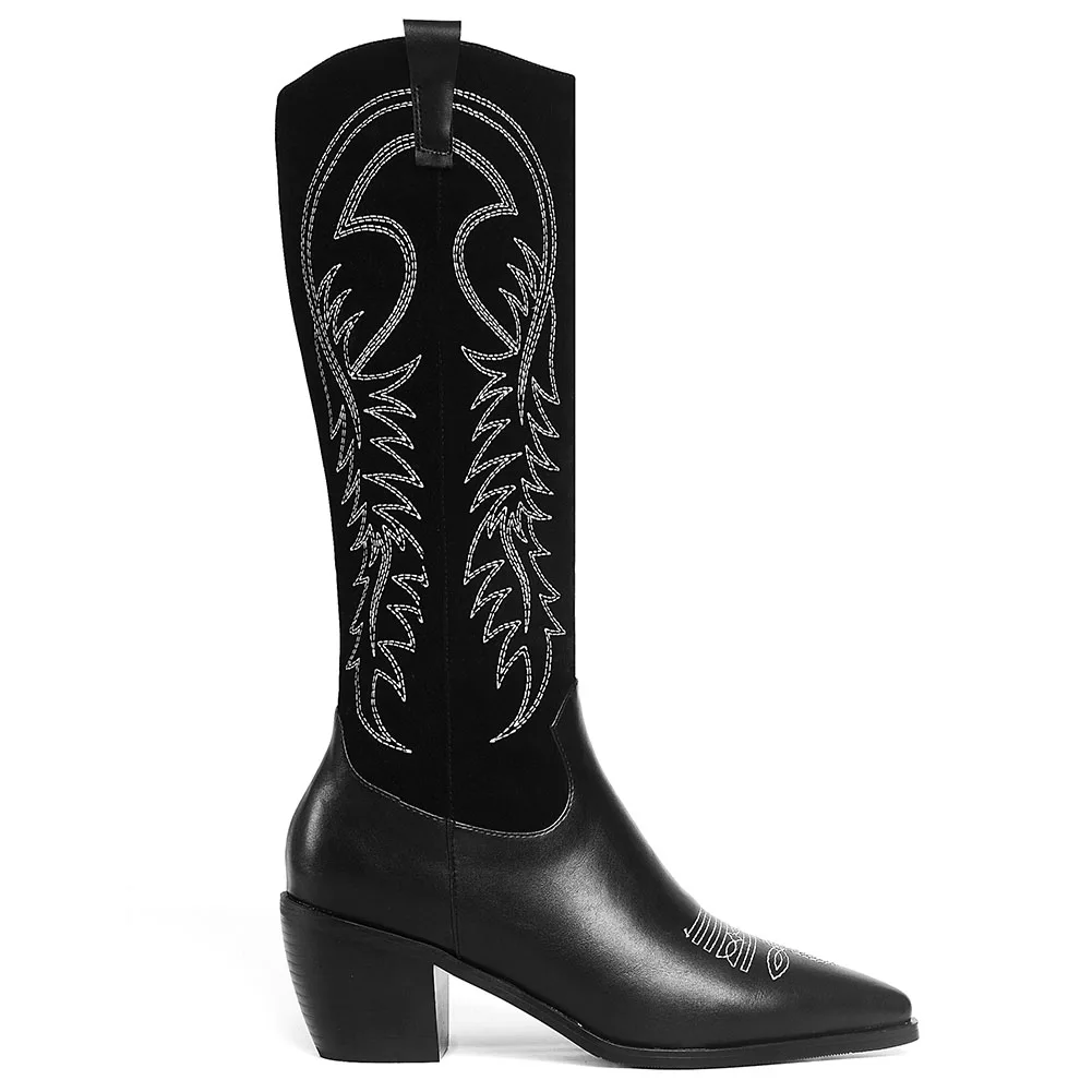 BONJOMARISA New 34-46 Brand Pointed Toe Sewing Cowboy Boots Ladies Trendy mid-calf Western Boots Lady High Heel Shoes Woman