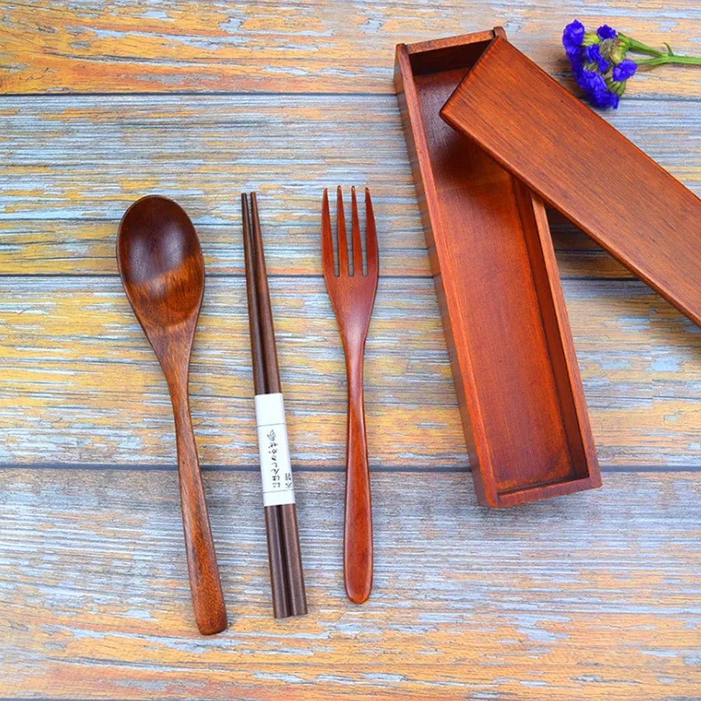 Nosii Portable Reusable Cutlery Set Tableware With Storage Case Box Portable Dinnerware Solid Wood Spoon Chopsticks Set