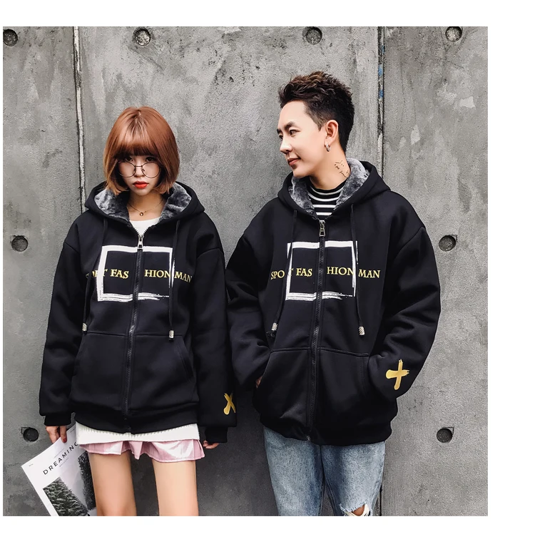 Winter New Style Hooded Brushed And Thick Couples Hoodie Fashion And Personality Loose-Fit Printed Casual Men And Women Coat