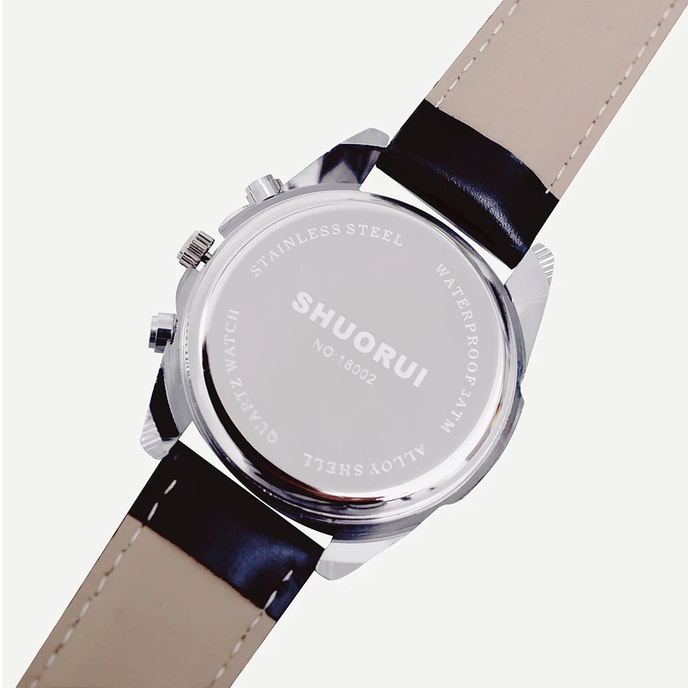 SHUORUI brand luxury sports quartz men's watch casual waterproof military leather strap watch clock fashion chronograph watch