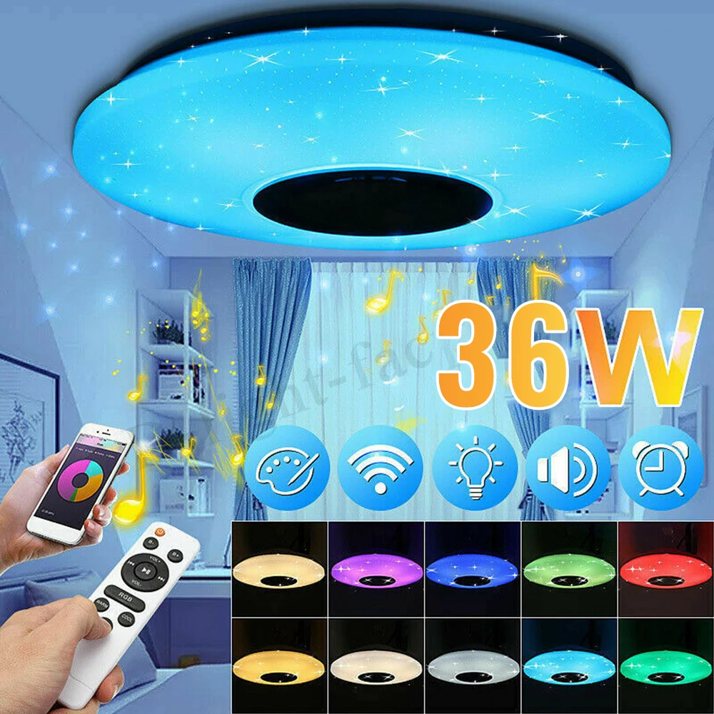 Conduziu a Lâmpada Música com Alto-falante Mudando a Luz de Teto Música Quente Montagem Embutida Redonda Starlight Bluetooth Pode Ser Escurecido Cor 60 w Rgb Mod. 255493 5 starlight música com alto-falante bluetooth pode ser escurecido cor mudando a luz