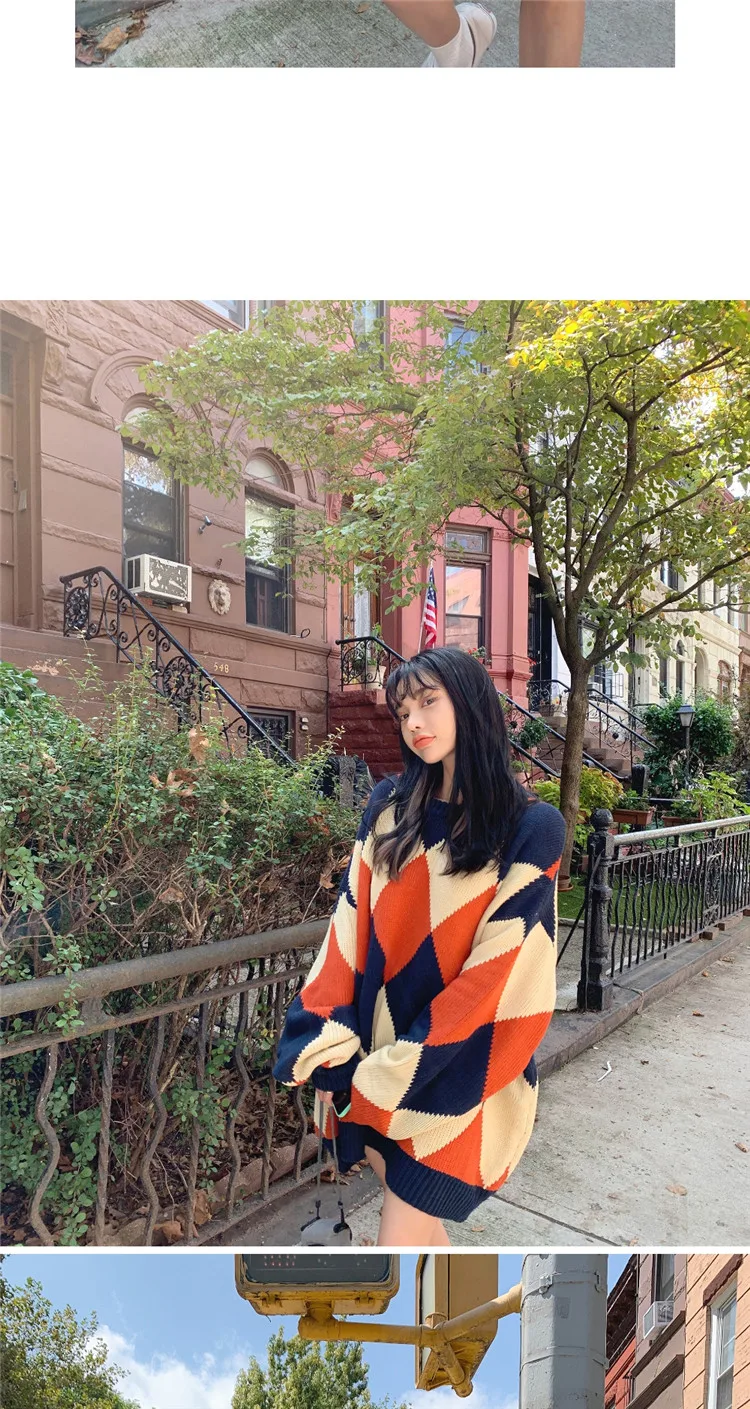 Осенний и зимний длинный шерстяной свитер Han Guochao, свободный, большой размер, цвет, ромбовидная решетка, ленивый, свободный, для волос