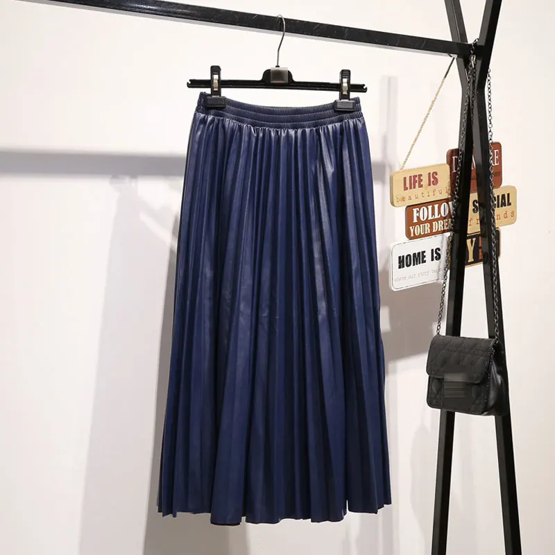 Осенняя Новинка, модная плиссированная юбка из искусственной кожи, эластичная высокая талия, универсальная женская юбка, женские юбки faldas mujer moda