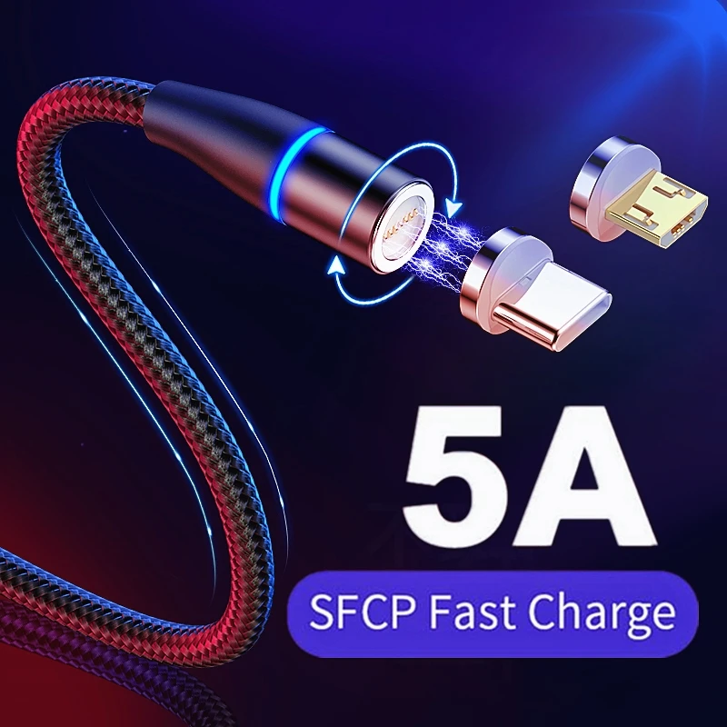 Магнитный кабель 5A со светодиодной подсветкой Сверхбыстрая зарядка Micro Usb Тип C