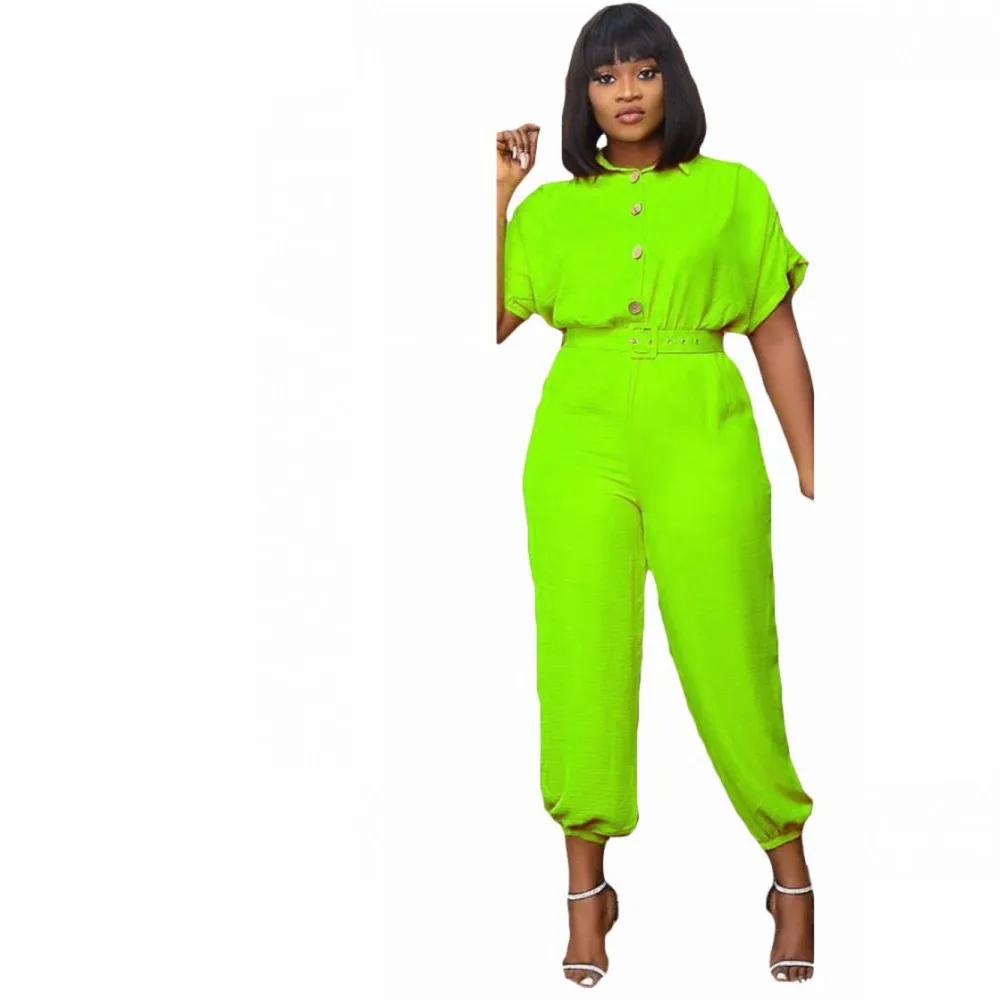 2021 New Button Short Sleeve Jumpsuit Women Slim High Waist Loose Wide Leg Trousers African Solid Color Casual Jumpsuit Summer