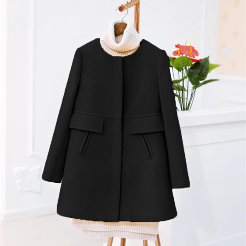 New Spring Autumn Plus Size Wool Coat Women Loose A-line Long Sleeved Medium Long Black Yellow Korean Coat Casacos S~5XL - Цвет: black