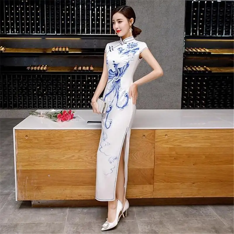 Королевский синий китайский женский современный Qipao платье Мандарин воротник сексуальный Cheongsam с цветочным принтом с коротким рукавом деловая Платья для вечеринок - Цвет: Blue 2