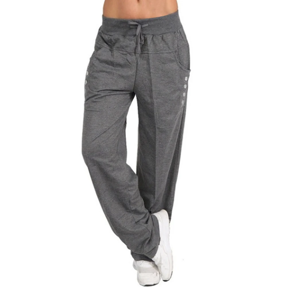 Dark Gray CYSINCOS Women Pants Autumn Winter Female Solid Elastic Waist Loose Pants Casual Trousers Ladies Straight Pants Streetwear - Цвет: Dark Gray