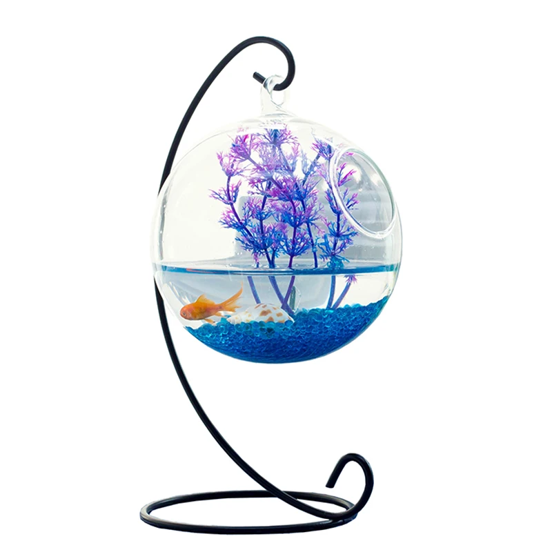 

Clear Globe Glass Flower Vase with Metal Stand Desktop Hanging Fish Tank Home Office Planter Terrarium Decorations