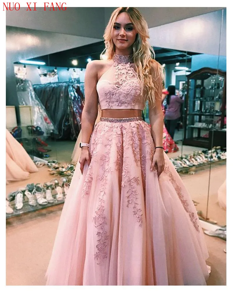 Pink Quinceanera Dresses Lace 2 Pieces Appliques A Line Backless Tulle vestidos de 15 a&ntilde;os