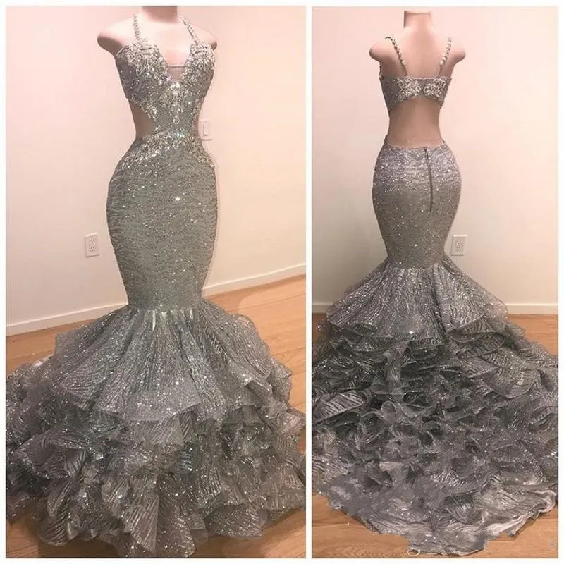 Модные Серебристые Вечерние платья на подтяжках, платье русалки, vestido de festa, многоуровневые вечерние платья, женские платья с блестками для выпускного вечера