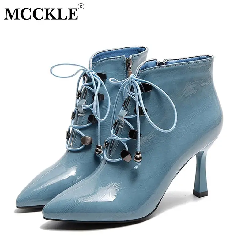 

MCCKLE Women Autumn Lace Up Zipper Ankle Boots Ladies High Quality PU Leather Pointed Toe Pumps Square Heels Female Shoes