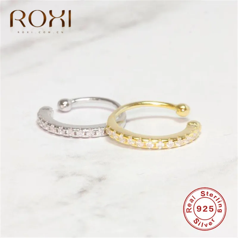 Серьги ROXI из стерлингового серебра 925 пробы, корейские женские блестящие серьги-каффы CZ, клипсы для женщин, девушек, без серьги в стиле пирсинга