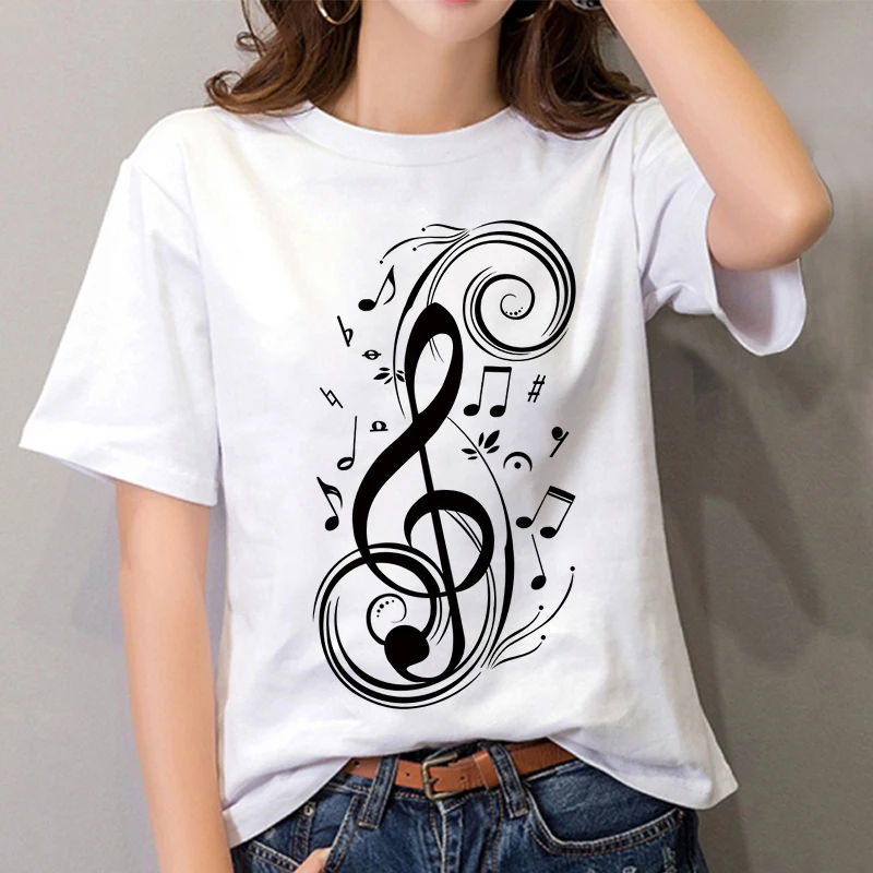 women's T-shirt fashion creative Musical note printed T shirt Harajuku 90s Graphic Female Short Sleeve Summer Clothes | Женская