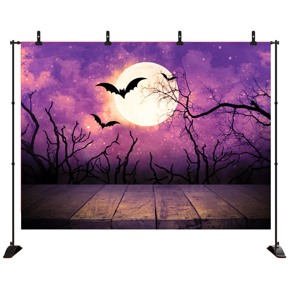 

Acejoker Halloween Backdrop Wood Floor Bat Moon at Night Photography Background Vinyl Photo Studio Props