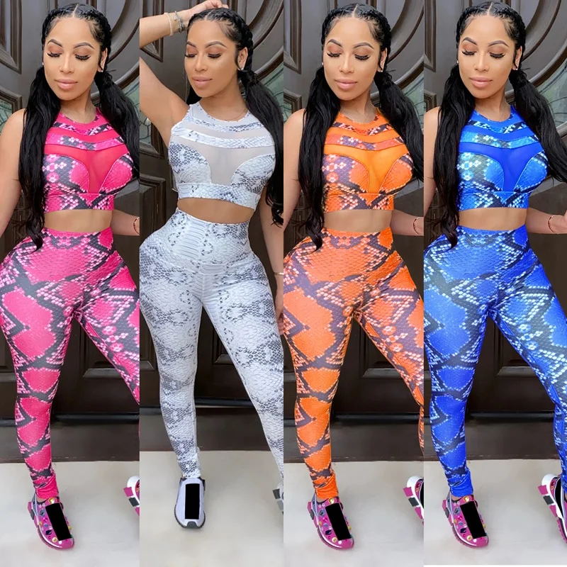 Snake Print 2 Piece Outfits for Women Crop Tank Top Pants Yoga Set | Спорт и развлечения