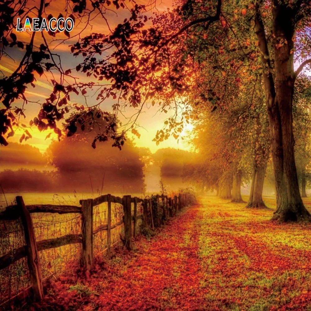 

Laeacco Autumn Scenic Photophone Sunset Glow Forest Trees Fence Maple Leaves Pathway Photography Backdrops Photo Backgrounds
