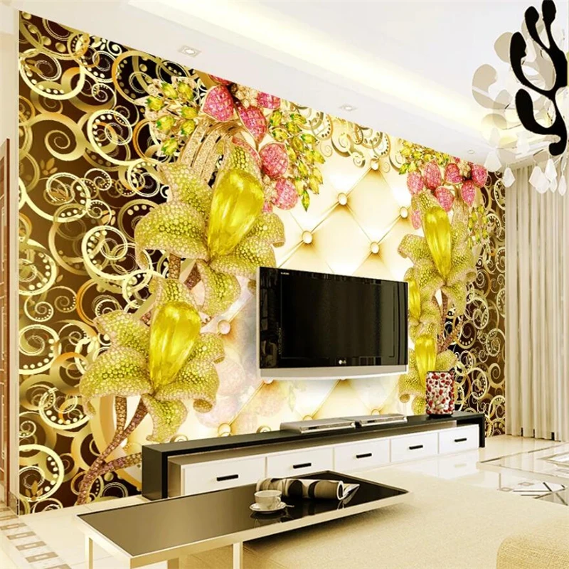 

wellyu Customized large murals fashion home decoration luxury gold jewelry lily TV background wall wallpaper
