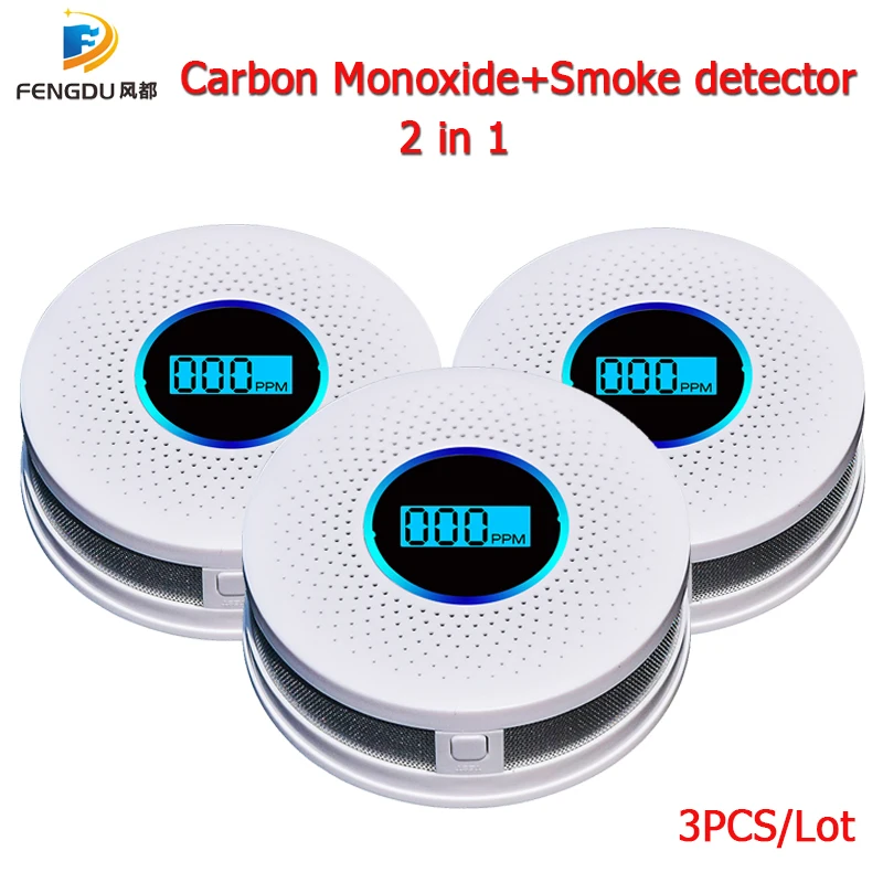3PCS 2 in 1 LCD Display Carbon Monoxide & Smoke Combo Detector Battery