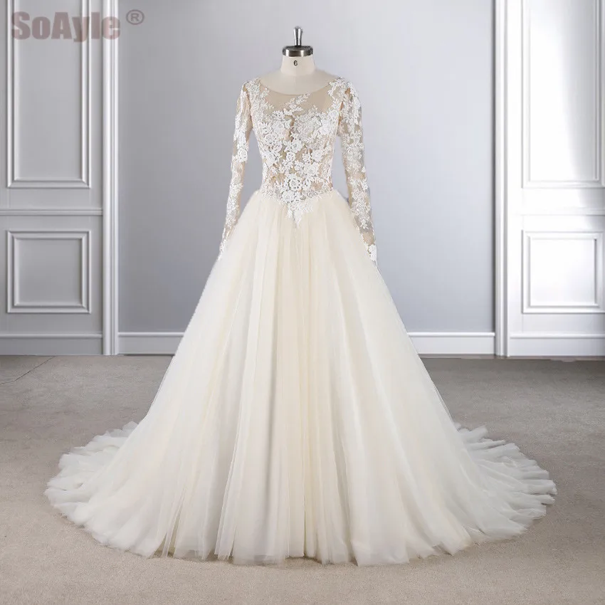 

SoAyle Shiny Crystal Beads Wedding Dress O-Neck Lace Appliques Translucent Ball Gown Wedding Dress 2020 Sexy Open Back vestidos