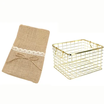

10 Pcs Knife Cover Holder Fork Pocket Bag Lace Jute Burlap & 1 Pcs Metal Storage Basket Iron Shelves Basket Gold