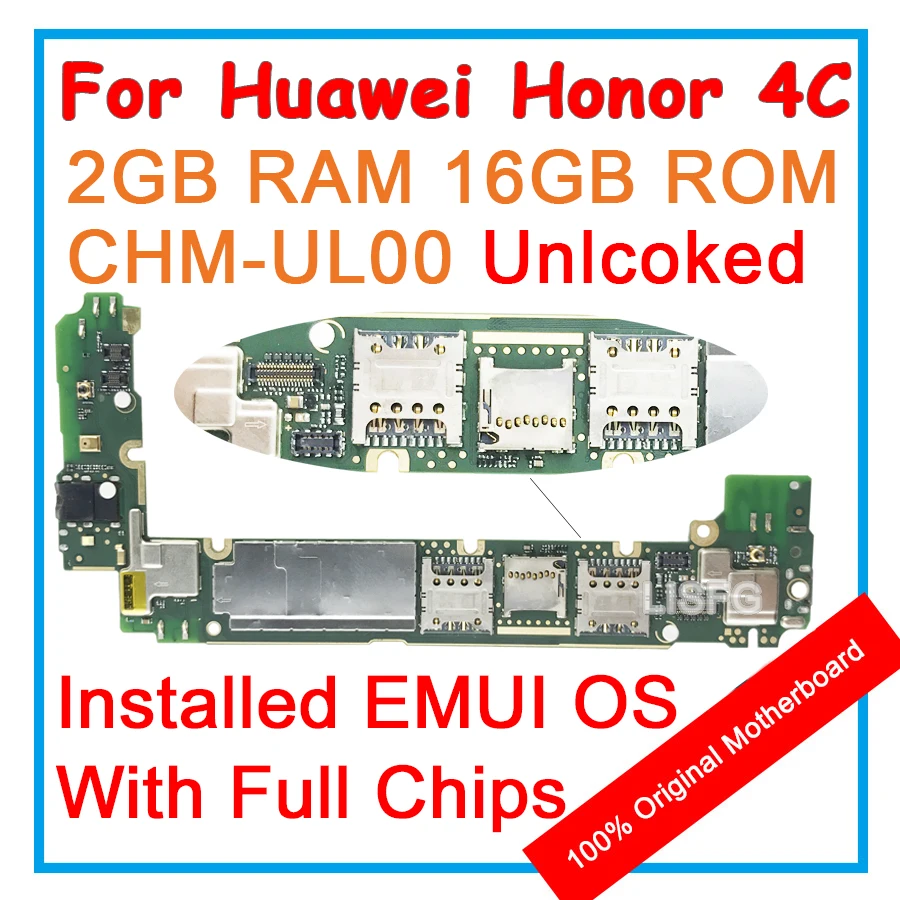 

2GB RAM 16GB ROM For HUAWEI Honor 4C 4 C CHM-UL00 Motherboard 100% Unlocked Original Mainboard EMUI Logic Board With Full Chips