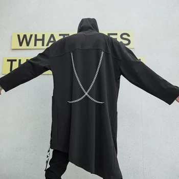 

Men Punk Gothic Long Trench Coat Metal Chain Ribbon Hooded Jacket Male Streetwear Hip Hop Loose Windbreaker Outerwear Shawl
