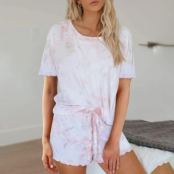 

2020 New 2 Piece Women Tie Dye Printed Short Sleeve Pajamas Set Short Sleeve Tops and Shorts Set Loungewear Nightwear Sleepwear