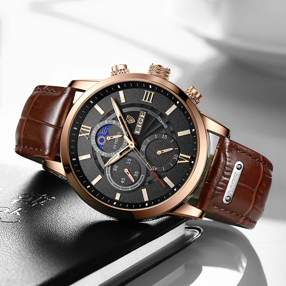 Lige 8932 Chronograph Leather Quartz Men's watch..................