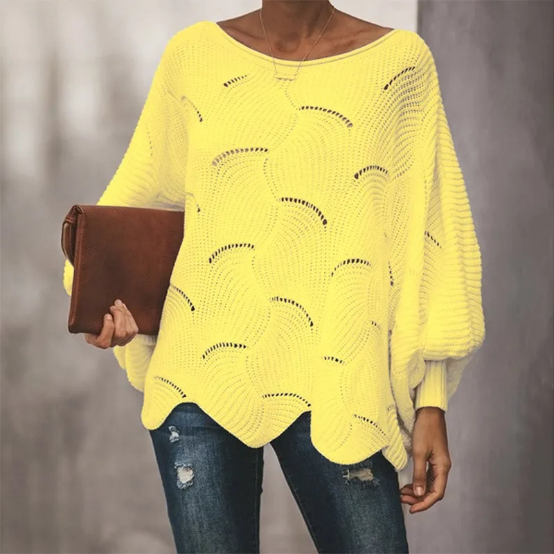 

Hollow Out Lantern Sleeve Sweaters Women Casual Loose Knitwear Sweaters Femme O Neck Ruffle Pullover