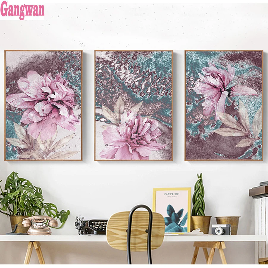 3 pcs 5d diy diamond painting full square round drill Abstract pink flower embroidery mosaic modern triptych home decor | Дом и сад