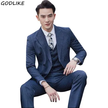 

Mens Slim Fit Double Breasted Suit 2020 Latest Coat Pant Designs Skinny Men Prom Stripe Suits Wedding Costume Homme Luxe 3 Piece