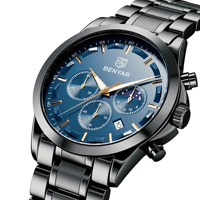 Black Blue BENYAR мужские часы с хронографом стильные спортивные кварцевые часы брендовые Роскошные Бизнес водонепроницаемые часы Relogio Masculino - Цвет: Black Blue