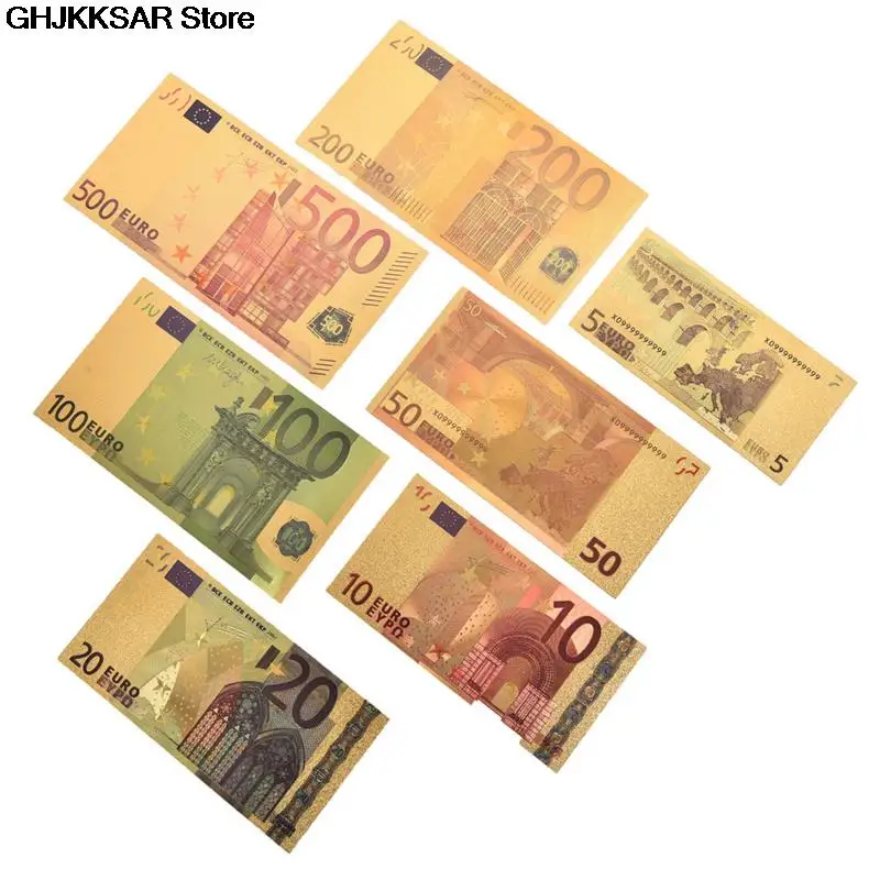 Description Picture 6 of item7pcs/lot 5 10 20 50 100 200 500 EUR Gold Banknotes in 24K Gold Fake Paper Money for Collection Euro Banknote Sets hot sale