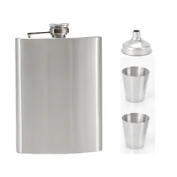 Portable 8oz Hip Flask Gift Set with Cup and Outdoor Drinking Accessories (Silver no box)