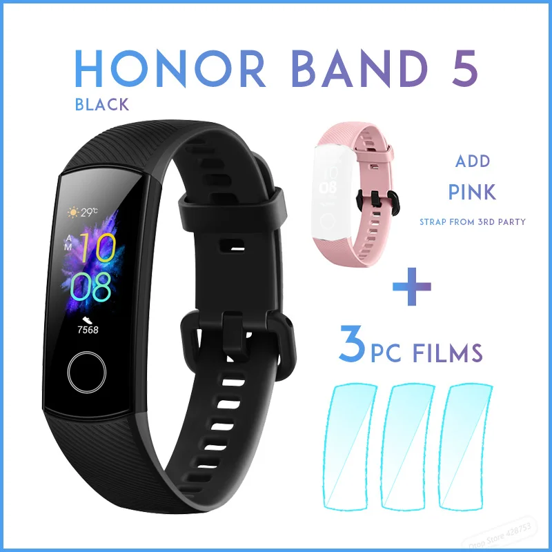 Умный Браслет huawei Honor Band 5, Оксиметр, волшебный цвет, сенсорный экран, для плавания, для обнаружения сердечного ритма, сна, сна - Цвет: black add PNK strap