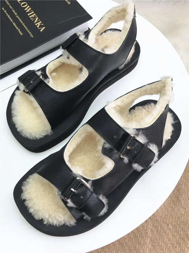 EMMA KING Chic Wool Fur Sandals Woman Open Toe Belt Buckle Real Leather Thick Bottom Fashion Casual Shoes